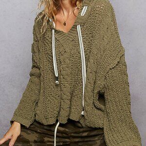 Pol- Chenille Cable Knit Hoodie Khaki